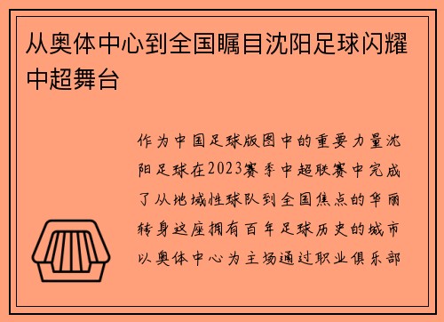 从奥体中心到全国瞩目沈阳足球闪耀中超舞台