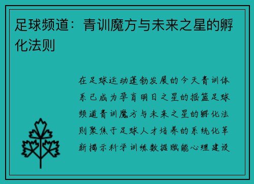 足球频道：青训魔方与未来之星的孵化法则